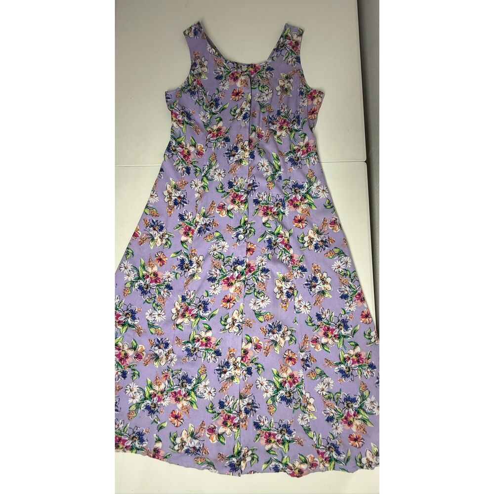 Koret Floral Midi Dress Purple Rayon Sleeveless Button Front Smocked Back Medium - Picture 7 of 13